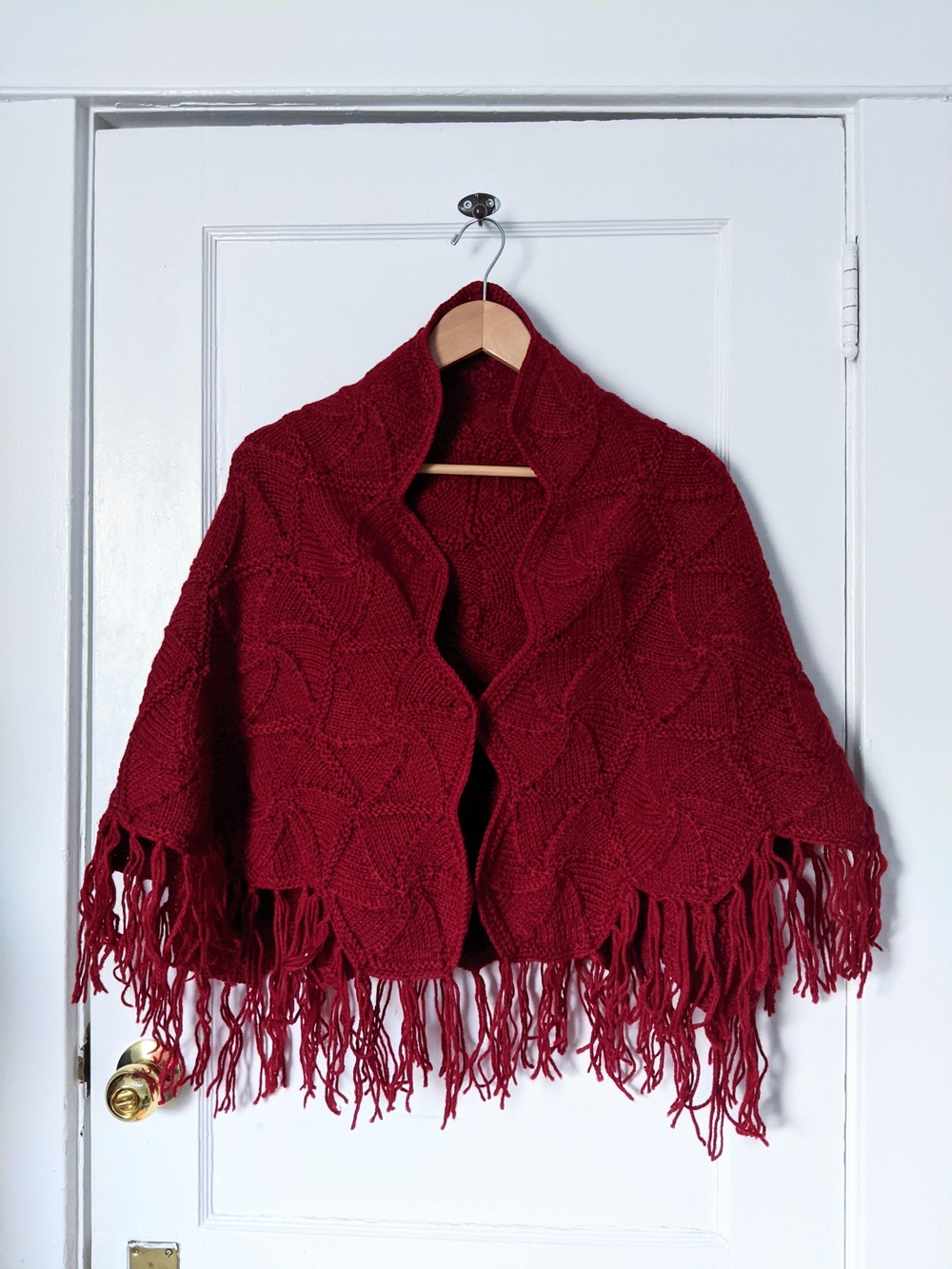 Handmade Deep Red Knit Fringe Poncho